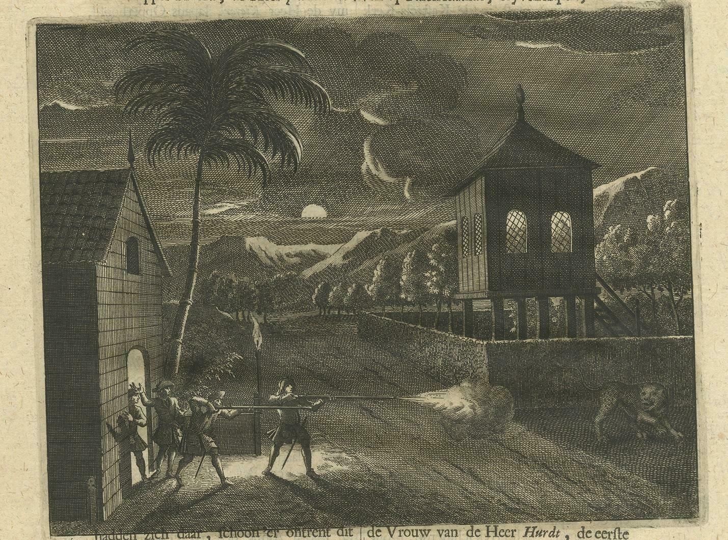 Antique Print Of Dutch Guards And A Tiger By Valentijn, 1726