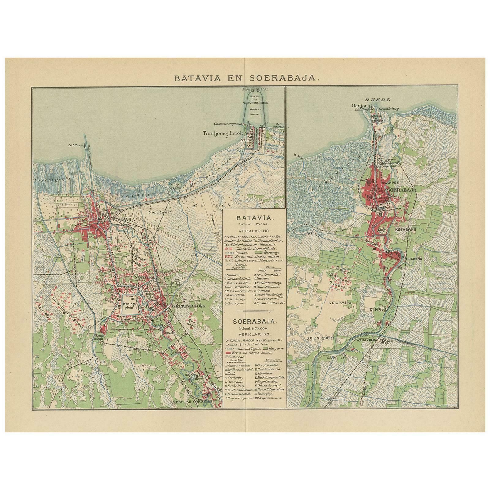 Antique Map Of Batavia And Surabaya By Winkler Prins, 1905