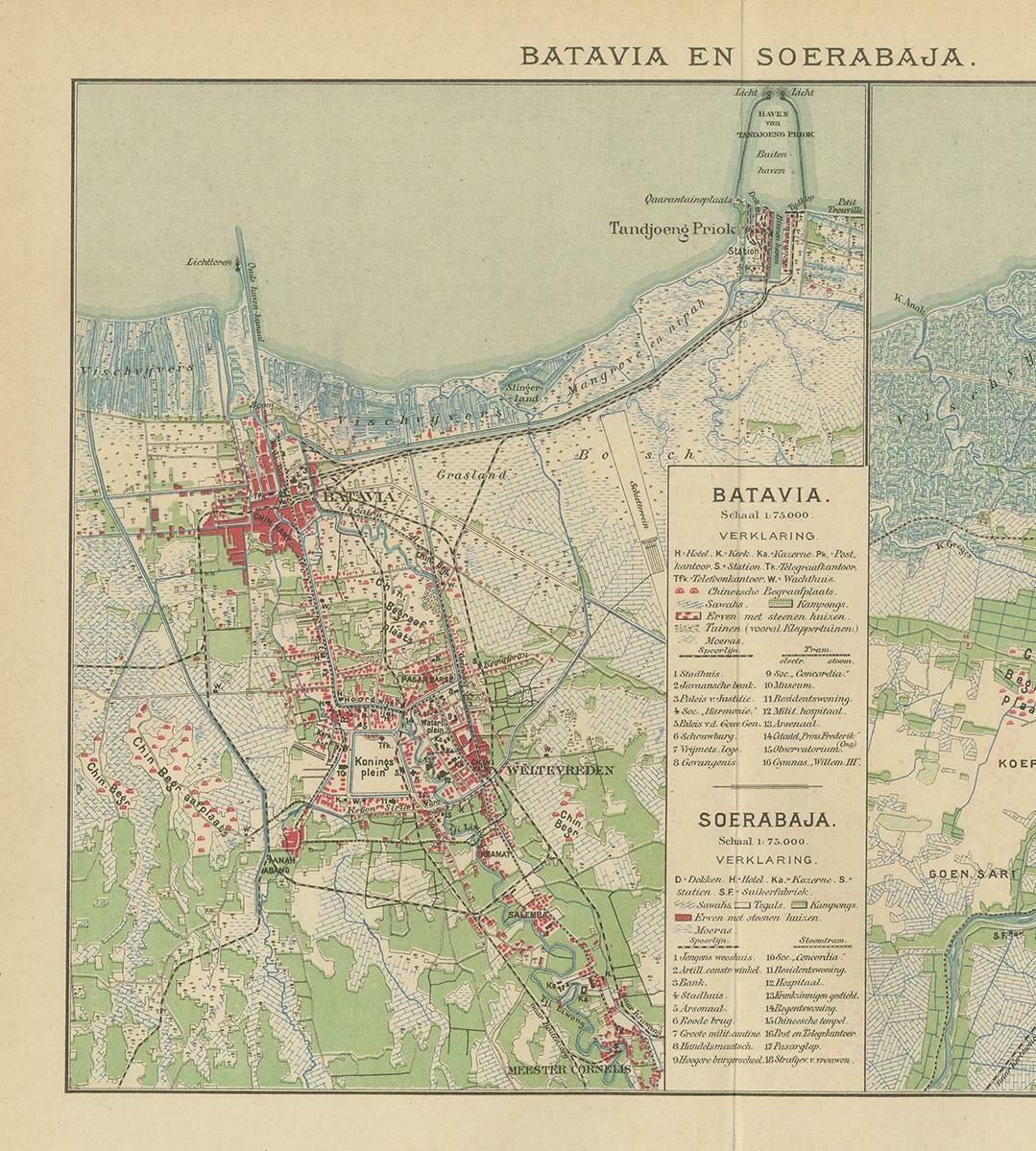 Antique Map Of Batavia And Surabaya By Winkler Prins, 1905 photo for sale