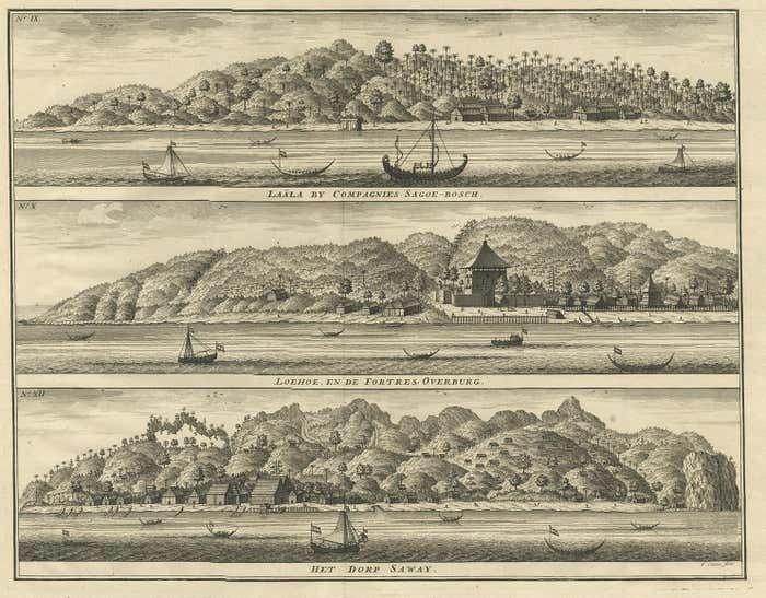 Antique Print With Three Views Of Ambon By Valentijn, 1726 photo furniture
