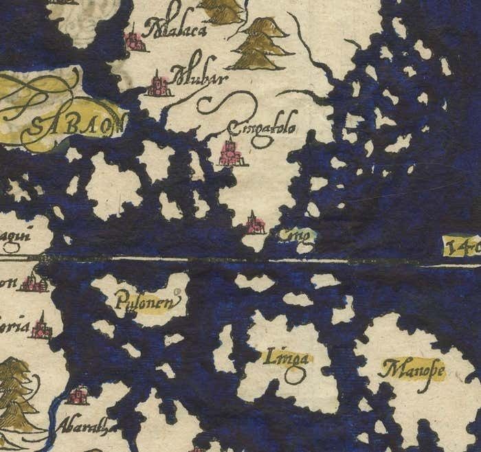 Renaissance Mapping Of Sumatra: Featuring Singapore In Münster’s Woodcut, C.1590 photo for sale