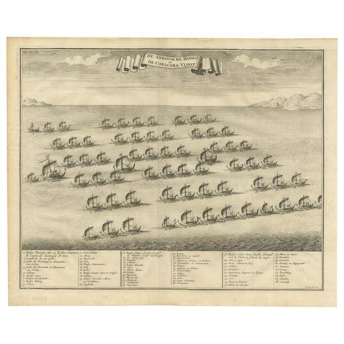 Antique Print Of The Hongi/Coracora Fleet By Valentijn '1726'