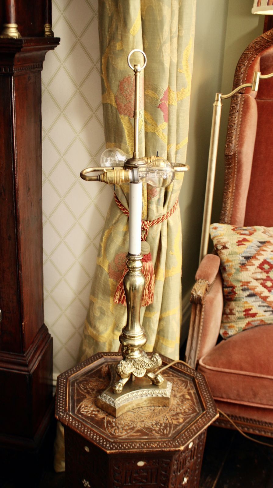 A Magnificent Antique Italianate Trefoil Base Brass Lamp, Lion Paw, Twin Branch photo furniture