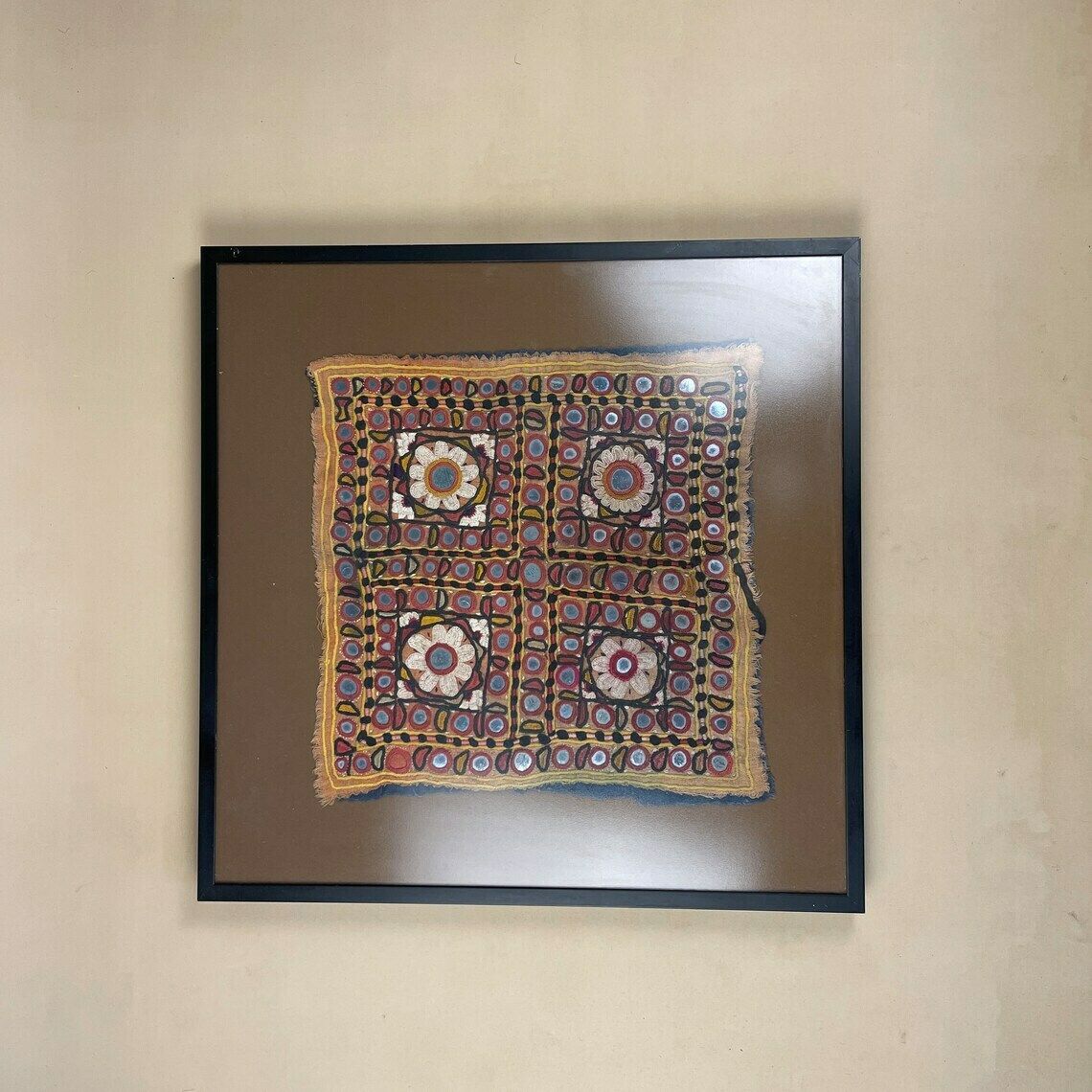 Antique Framed Indian Fabric Patch Fragment Hand Embroidered Picture Asian Art Vintage Textile Handmade 42.5x42.5cm Square Art Original Wall photo Art