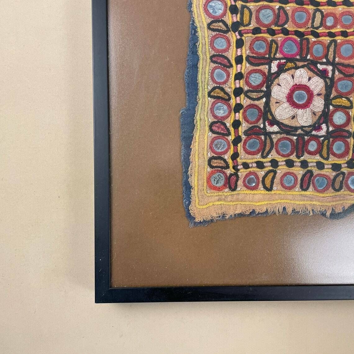Antique Framed Indian Fabric Patch Fragment Hand Embroidered Picture Asian Art Vintage Textile Handmade 42.5x42.5cm Square Art Original Wall photo buy