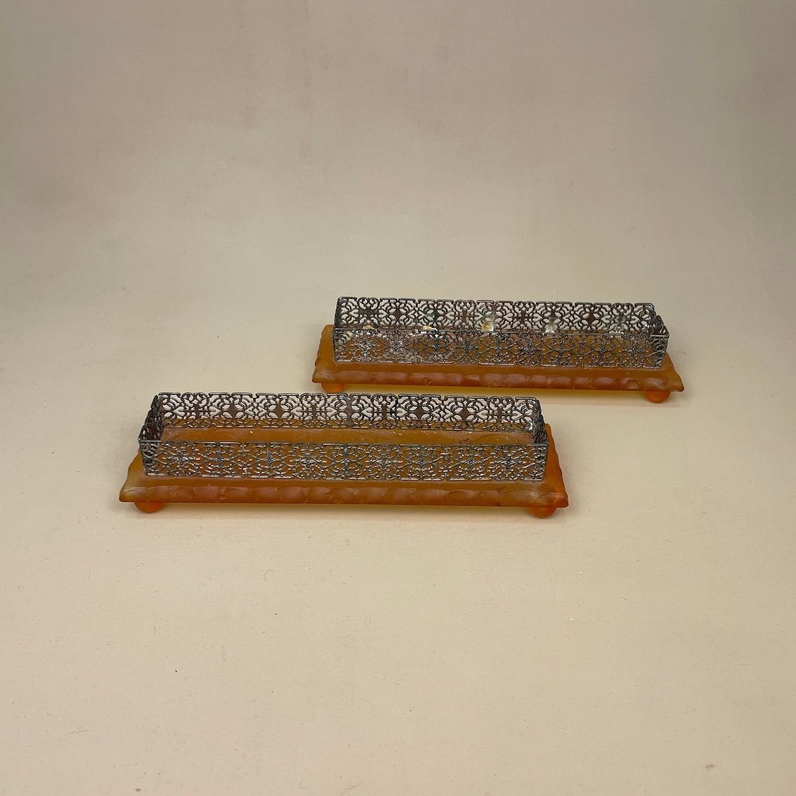 Antique Pair Of Matching Indian Metal Glass Candlestick Candle Stick Holder Tea Lights Vintage Taper Dinner Candlesticks Rectangle Ornate