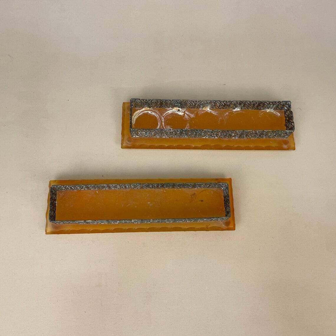 Antique Pair Of Matching Indian Metal Glass Candlestick Candle Stick Holder Tea Lights Vintage Taper Dinner Candlesticks Rectangle Ornate photo for sale
