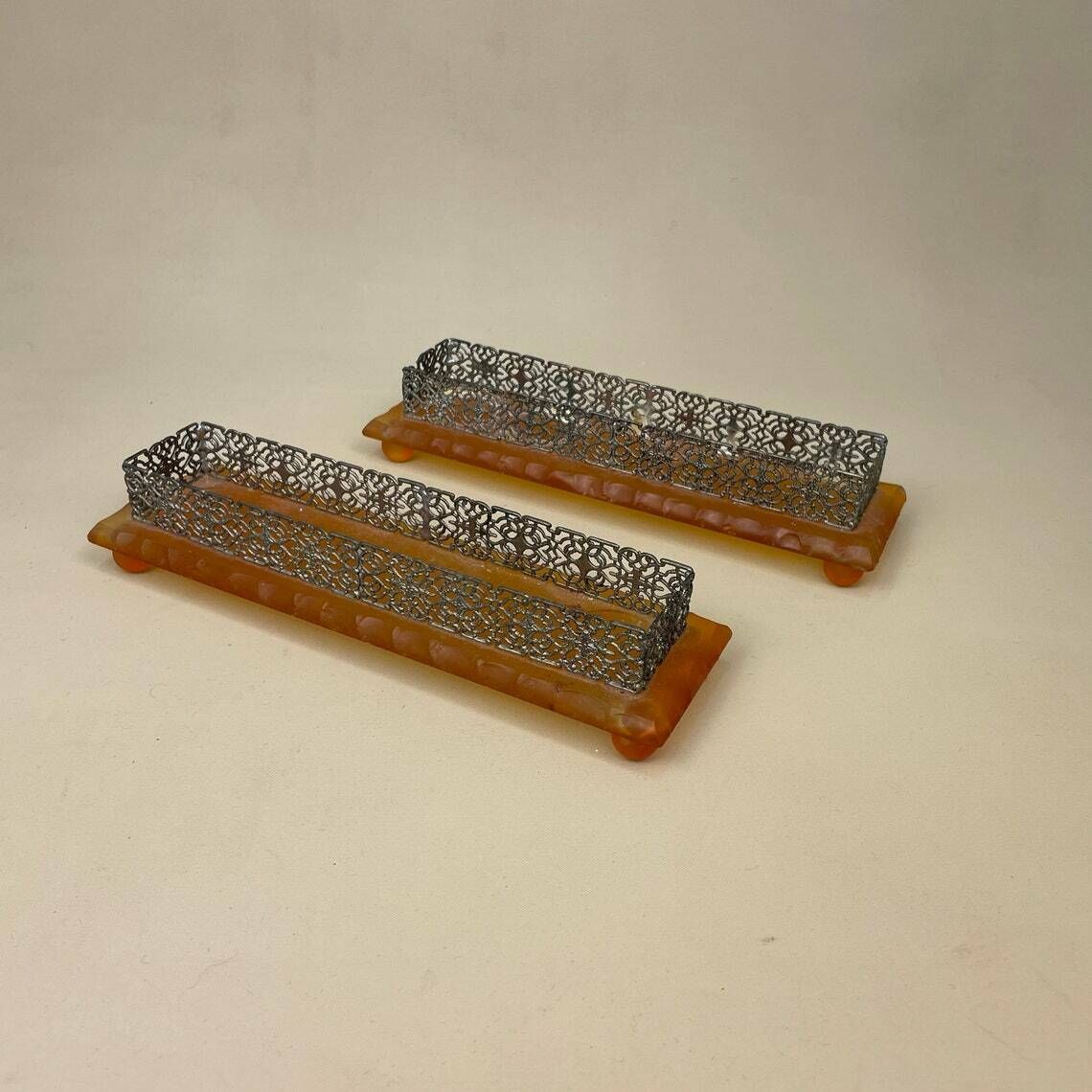Antique Pair Of Matching Indian Metal Glass Candlestick Candle Stick Holder Tea Lights Vintage Taper Dinner Candlesticks Rectangle Ornate photo vinterior