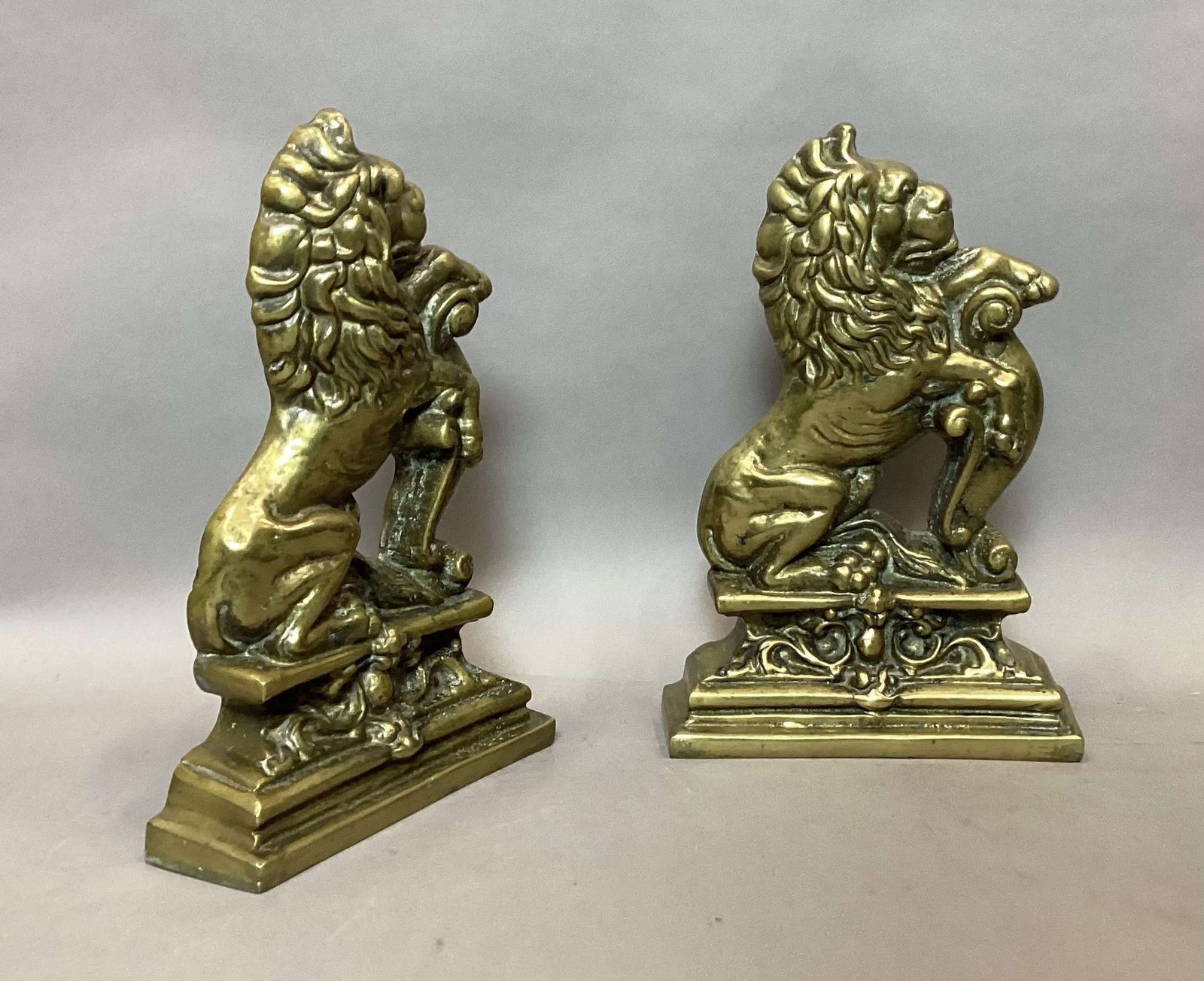 photo for sale Rare C19th Pair Of Brass Lion Doorstops / Door Porters