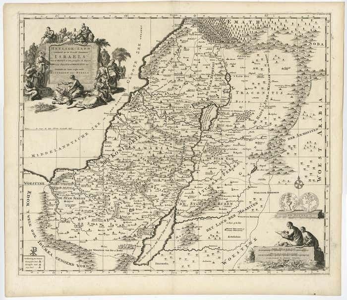 Highly Detailed Antique Map Of The Holy Land Showing 12 Tribes Of Israel, C.1720 photo for sale