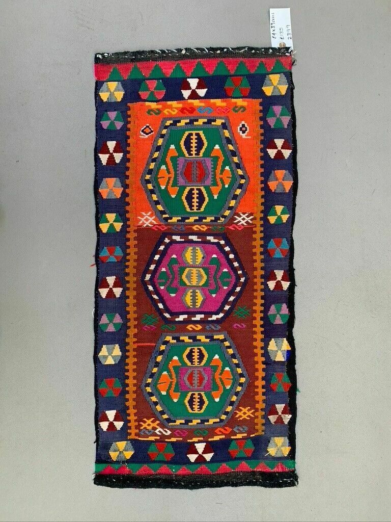 Vintage Turkish Mini Kilim 84x39 Cm Wool Small Kelim Runner, Shabby Chic