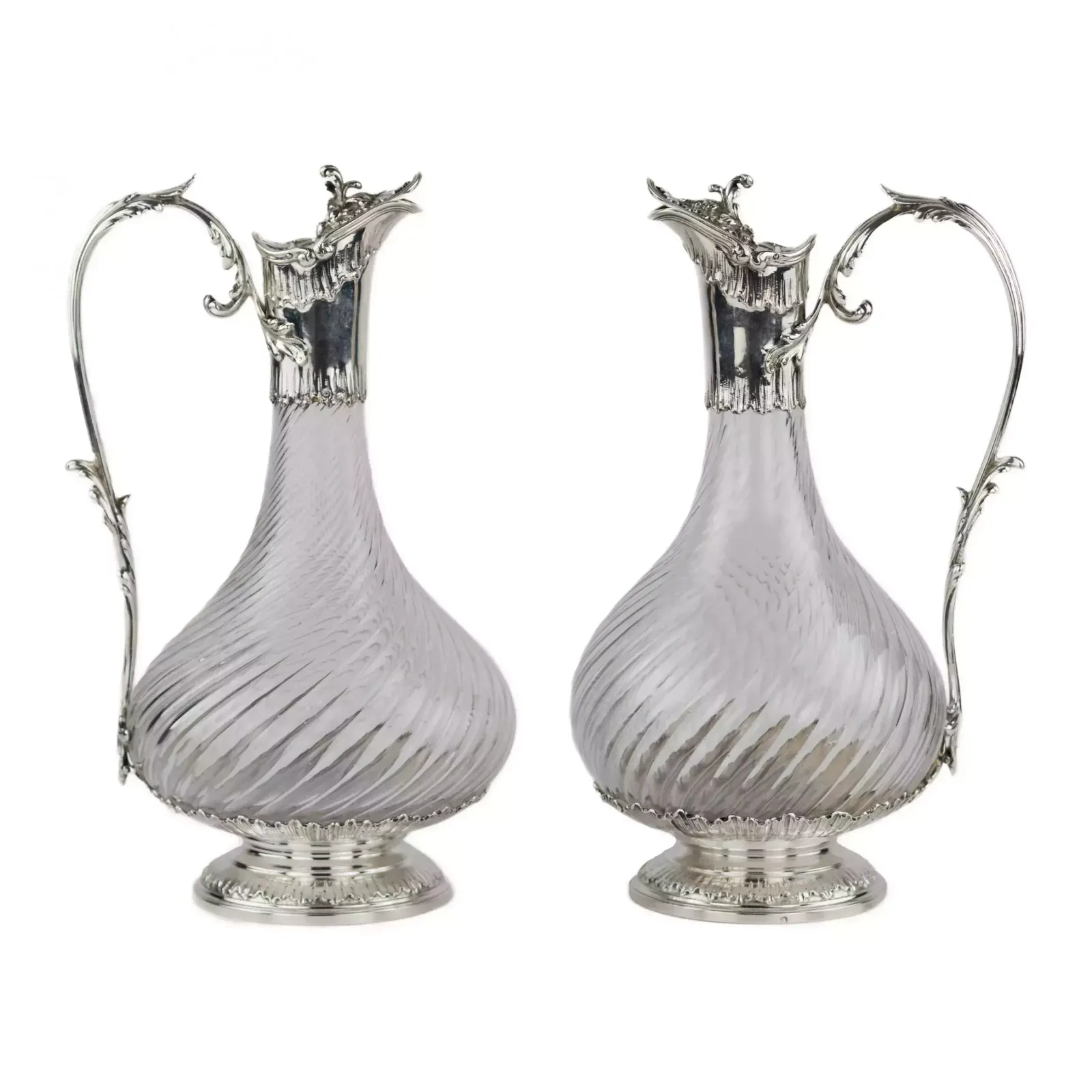 Pair Of French Spiral Glass Wine Jugs With Silver Late 19th Century