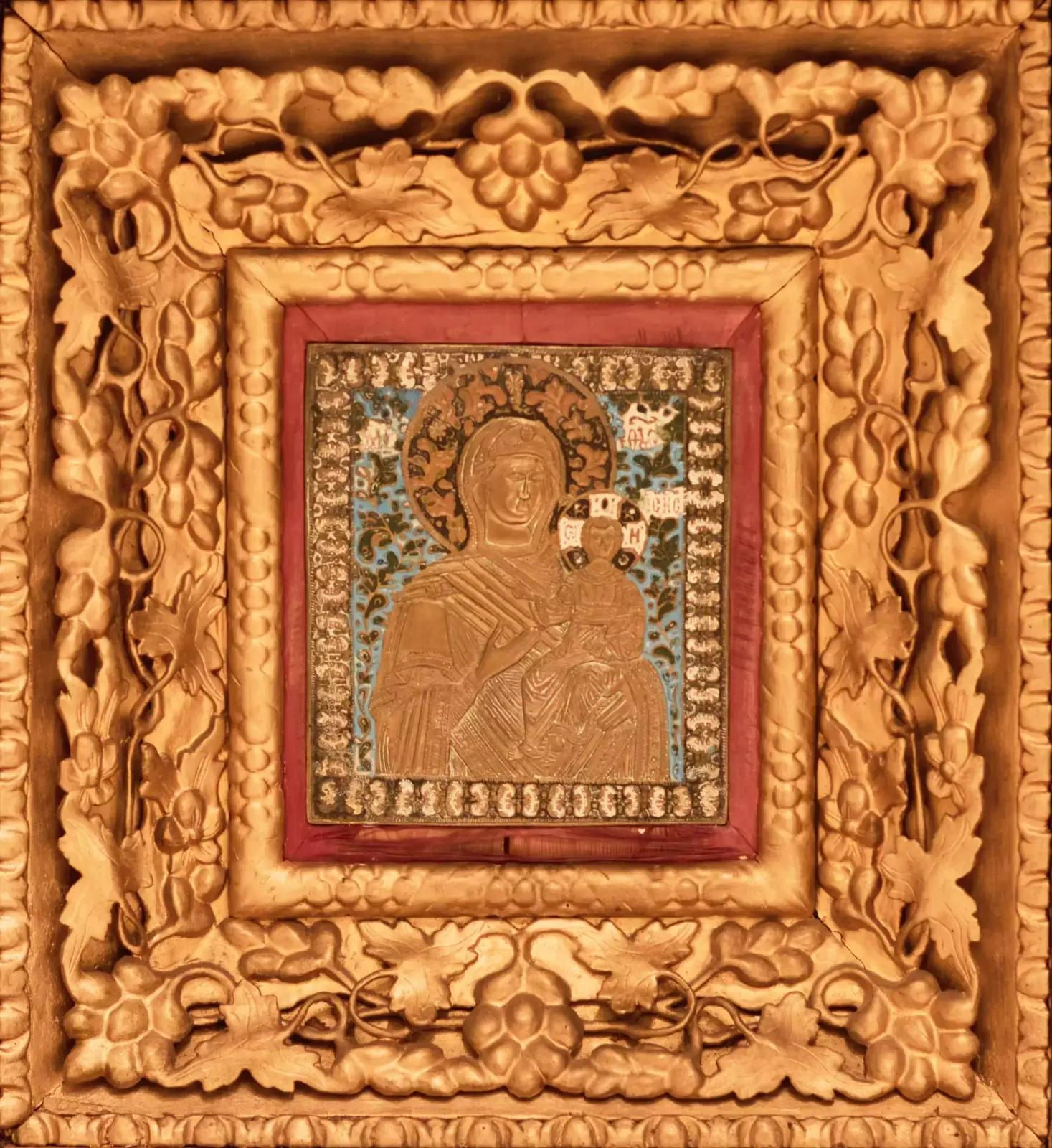 Large, Copper Cast Icon Of The Smolensk Mother Of God, With Five Enamels, In An Icon Case. Russia. 19th Century. photo for sale
