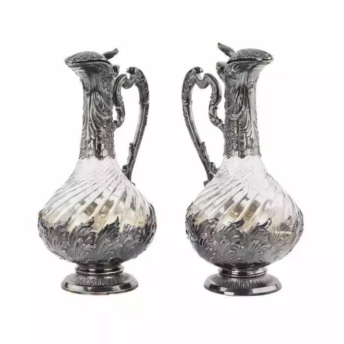 Frangiere & Laroche. Pair Of French Glass Wine Jugs In Silver From The 1880s. photo for sale