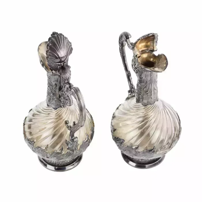 Frangiere & Laroche. Pair Of French Glass Wine Jugs In Silver From The 1880s. photo vinterior