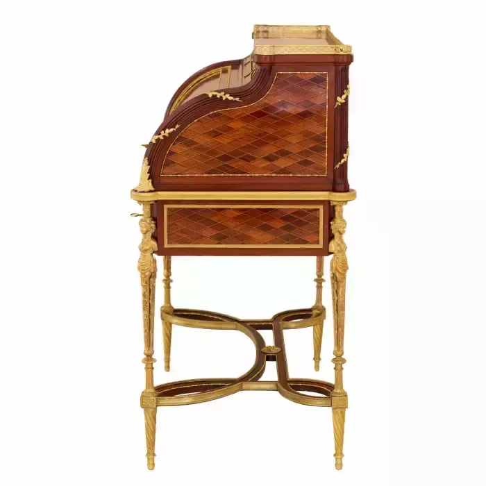 E.Kahn. A Magnificent Cylindrical Bureau In Mahogany And Satin Wood With Gilt Bronze. photo vintage