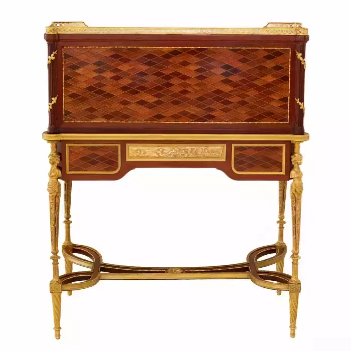 photo furniture E.Kahn. A Magnificent Cylindrical Bureau In Mahogany And Satin Wood With Gilt Bronze.