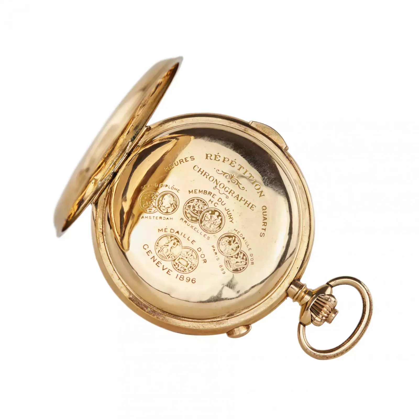 Heures Repetition Quarts Taschenuhr Chronographe 14k Gold Pocket Watch photo vinterior