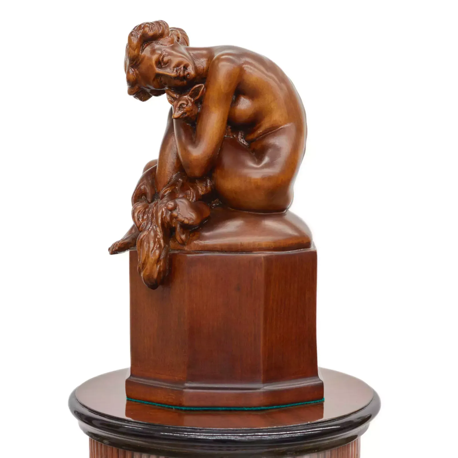 Console Column In Art Deco Style. With A Carved Figure Of A Nude Lady And A Fox. 20th Century. photo for sale