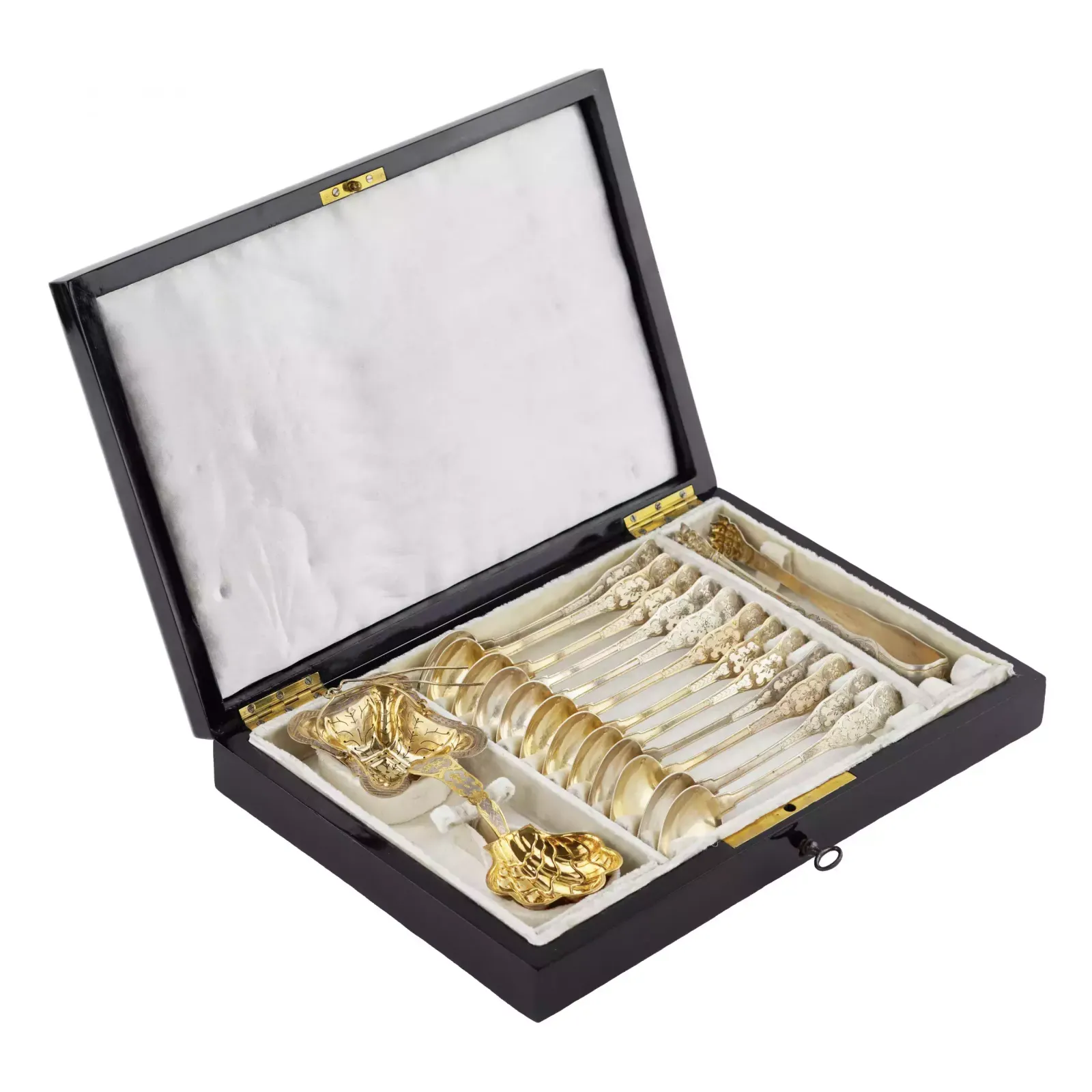 French Silver Tea Set, For 12 Persons, In The Original Box Boulle. Frontier Of The 19th And 20th Centuries.
