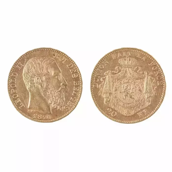 20 Francs Gold Coin Leopold II King Of Belgium. 1874 photo for sale