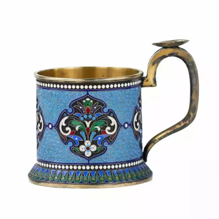 Silver Glass Holder In Neo Russian Style With Cloisonné Enamel And Gilding. Lyubavin. End Of The 19th Century.