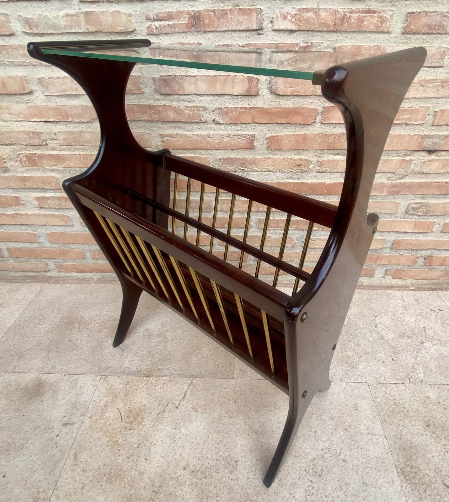 1950s French Mid Century Glass & Wood Folio Stand Magazine Rack photo vintage