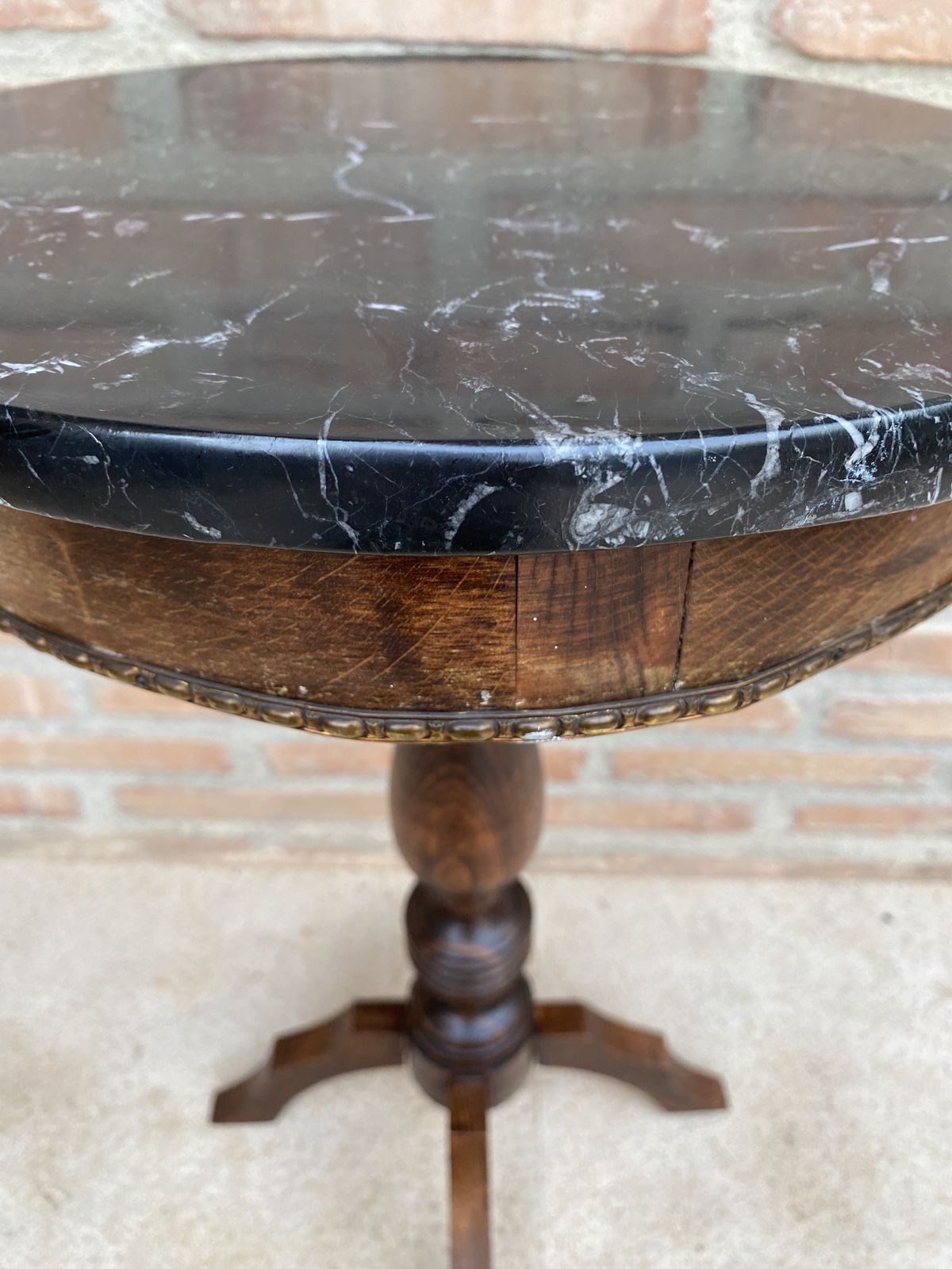 Round French Walnut Side Table With Black Marbled Tabletop, Gustavian Style, 1880s photo for sale