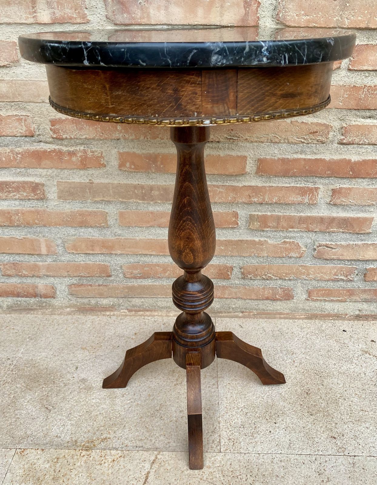 Round French Walnut Side Table With Black Marbled Tabletop, Gustavian Style, 1880s