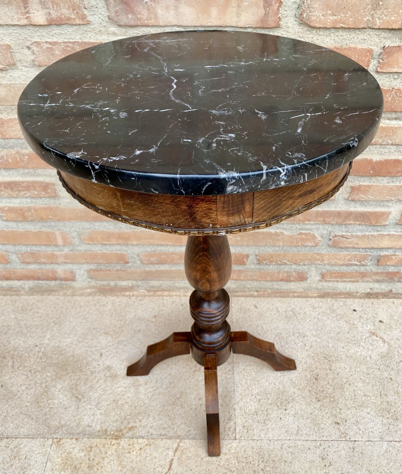 Round French Walnut Side Table With Black Marbled Tabletop, Gustavian Style, 1880s photo vintage