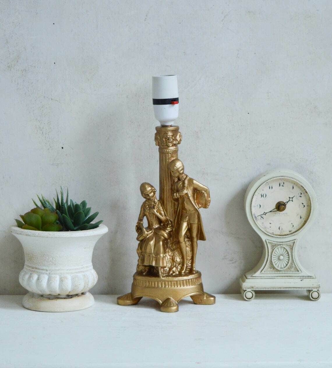 Rare Vintage Gold Victorian Man And Lady Table Lamp 1960s 4 Footed Ornate Figurines Night Light