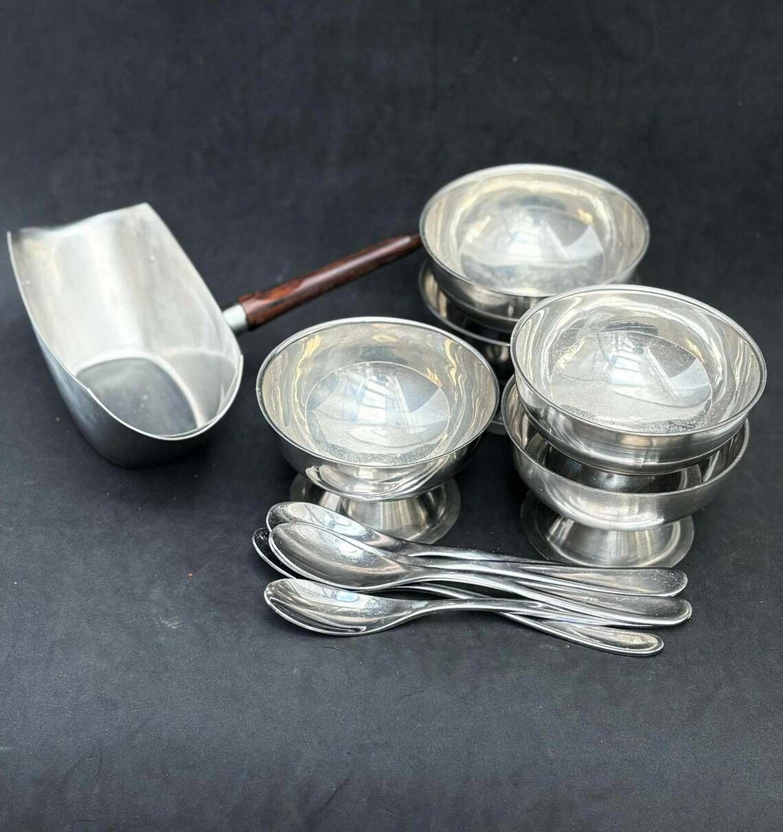 Ice Cream Set 5 Cups, Sauce Boat And 5spoons Vintage French Metal As New, Mom Gift Hostess Wedding Gift Cream Bowl Fruit Salad Footed photo furniture