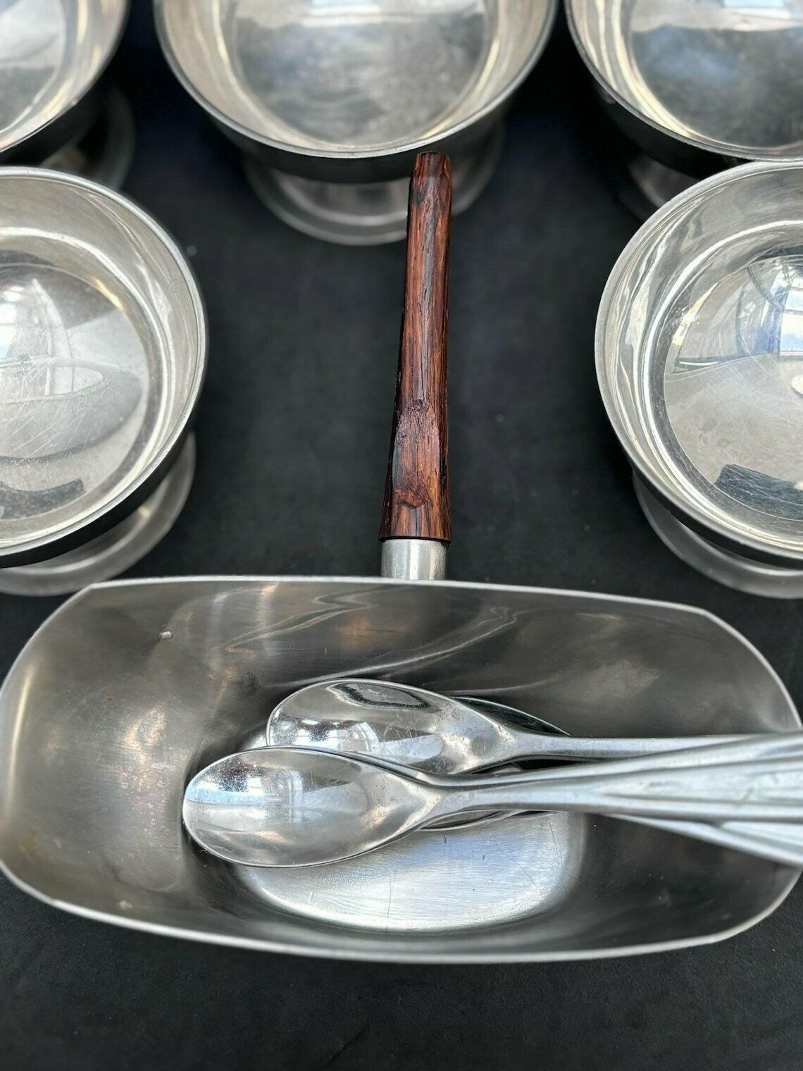 Ice Cream Set 5 Cups, Sauce Boat And 5spoons Vintage French Metal As New, Mom Gift Hostess Wedding Gift Cream Bowl Fruit Salad Footed photo vintage