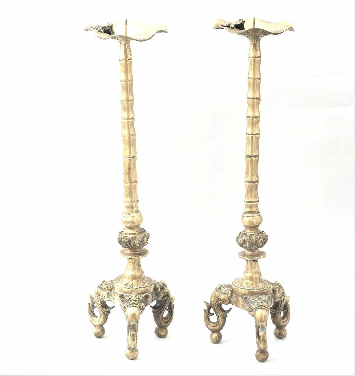 Pair Of Brass Candle Holders With Lotus Leaf And Frog photo furniture