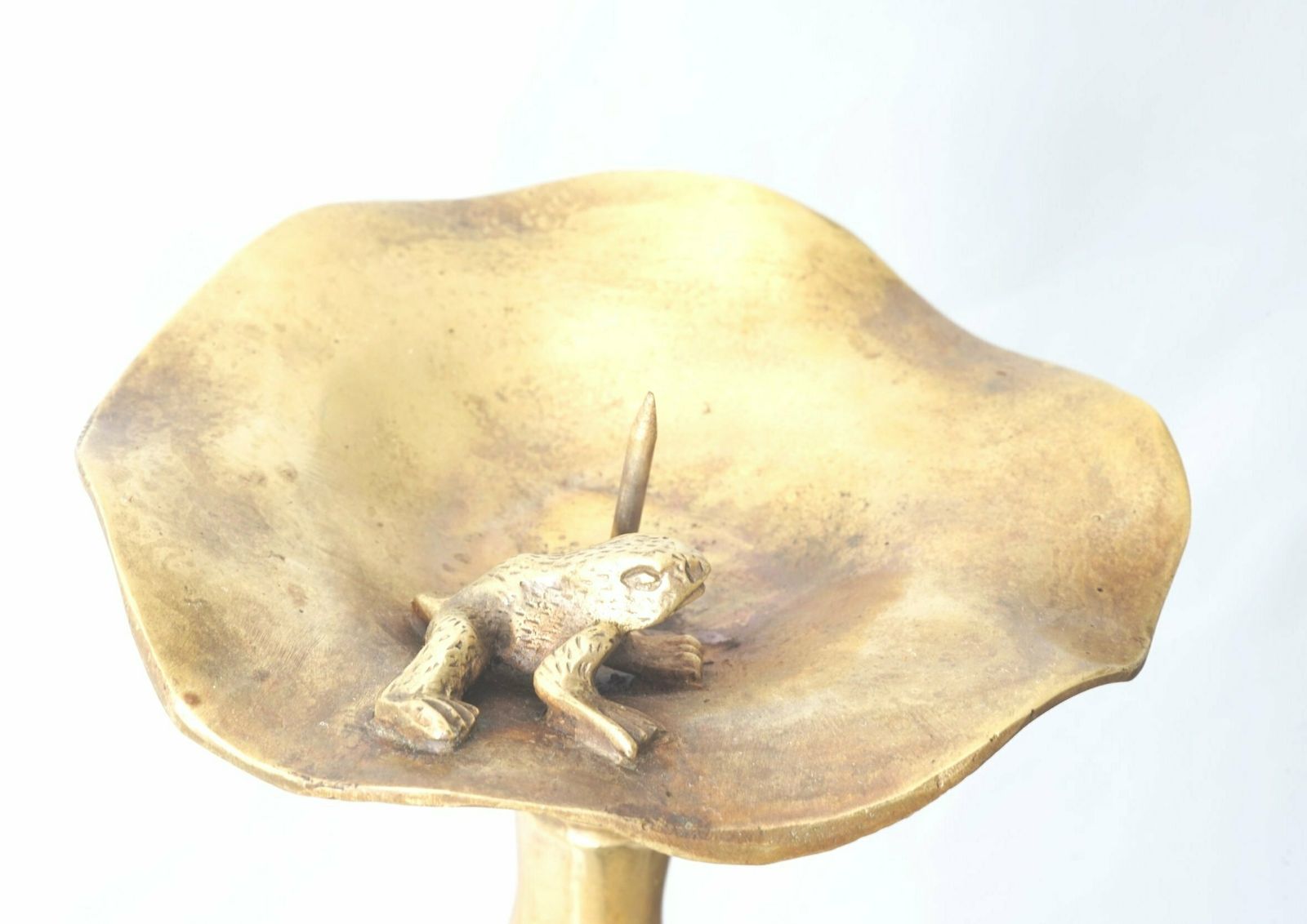 Pair Of Brass Candle Holders With Lotus Leaf And Frog photo for sale