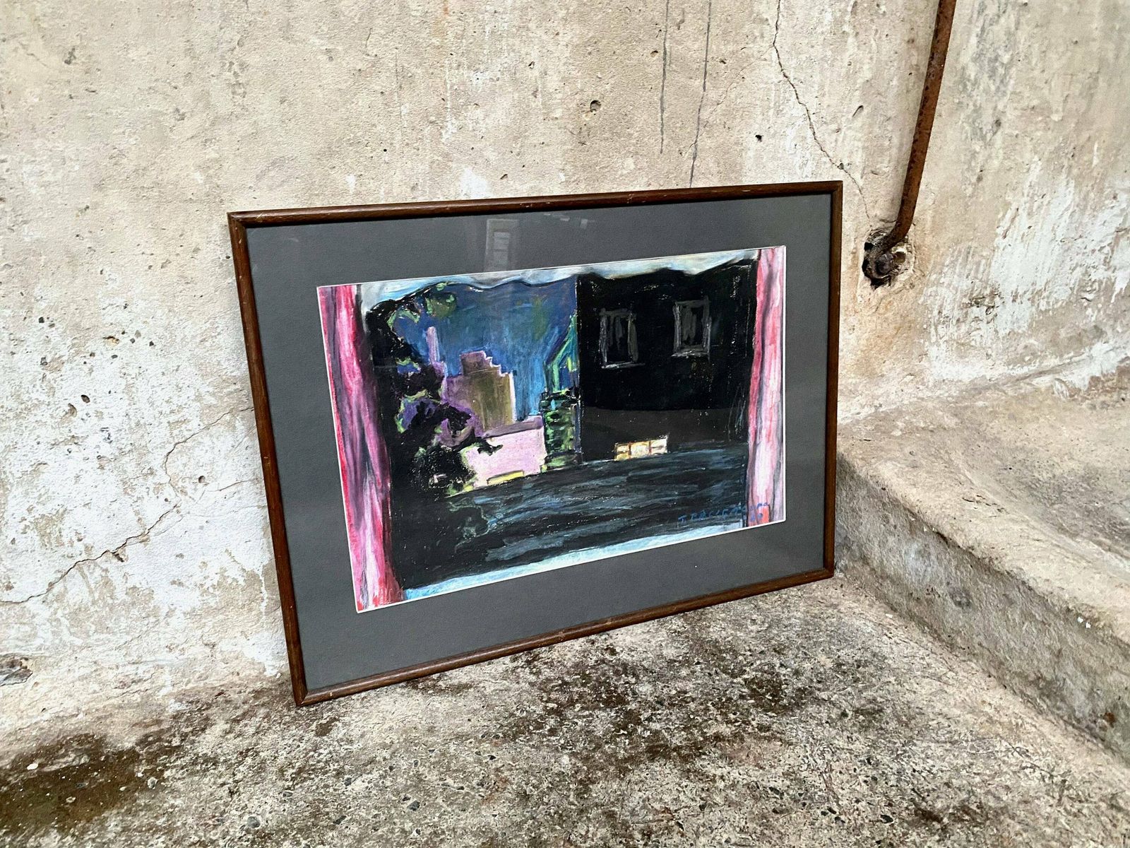 Chelsea At Night By Tomaso Bacigalupo 1969 Pastel   Signed   London Skyscape   The Chelsea Art Society   Chenil Galleries photo for sale