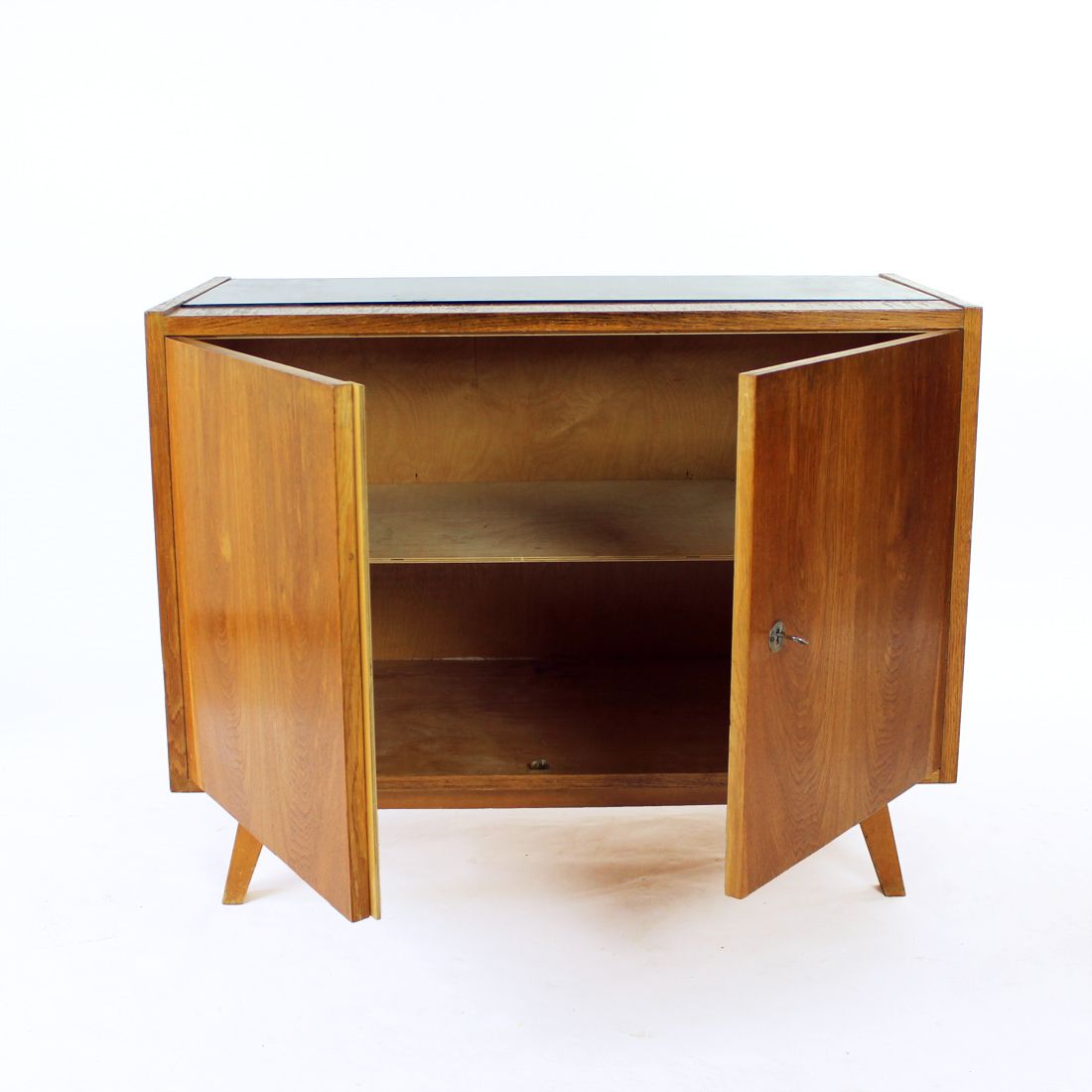 photo for sale Mid Century Sideboard In Oak & Black Glass, Czechoslovakia 1960s