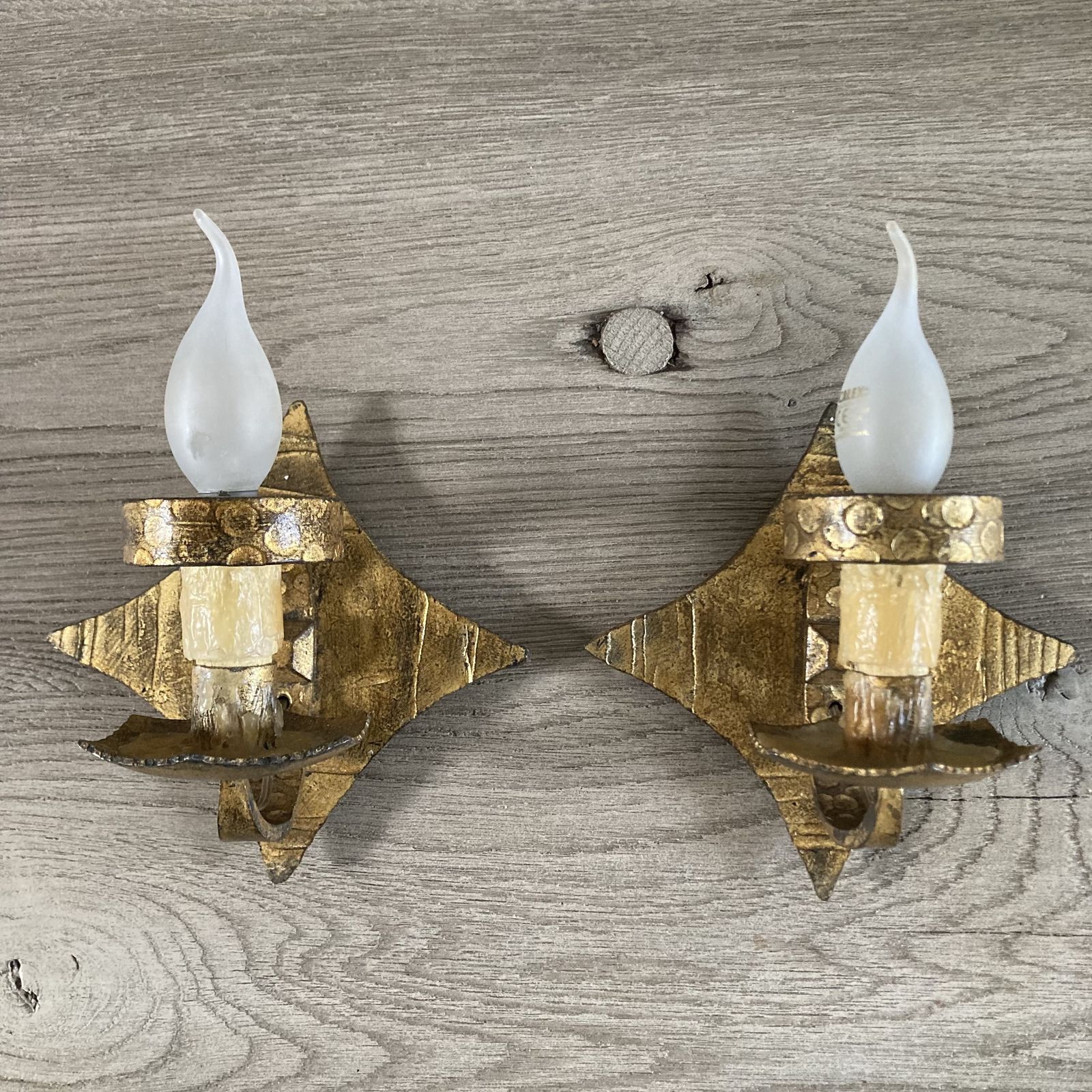 A Pair Of Little Spanish Star Shaped Gilt Metal Wall Sconces. 1960s photo furniture