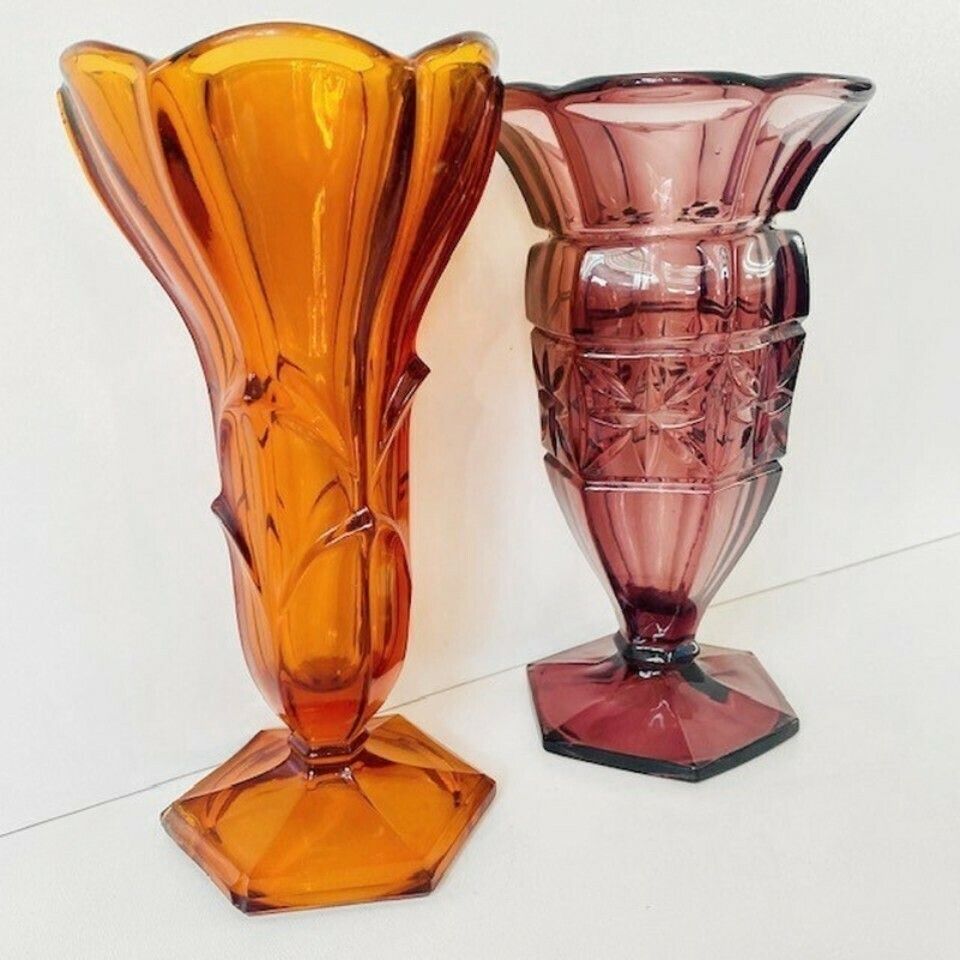 Set Art Deco Vases Bohemian Glass 1930's Stolzle Purple Amber photo Home Decor