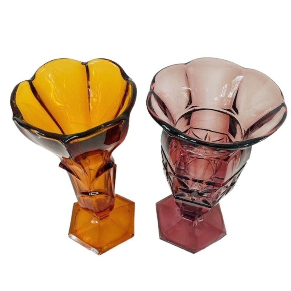 Home Decor Set Art Deco Vases Bohemian Glass 1930's Stolzle Purple Amber photo