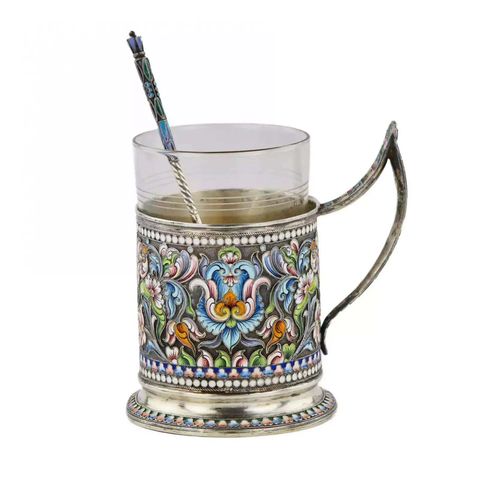Silver Glass Holder With A Spoon Decorated With Cloisonne Enamel. Moscow 1908 1917. photo furniture