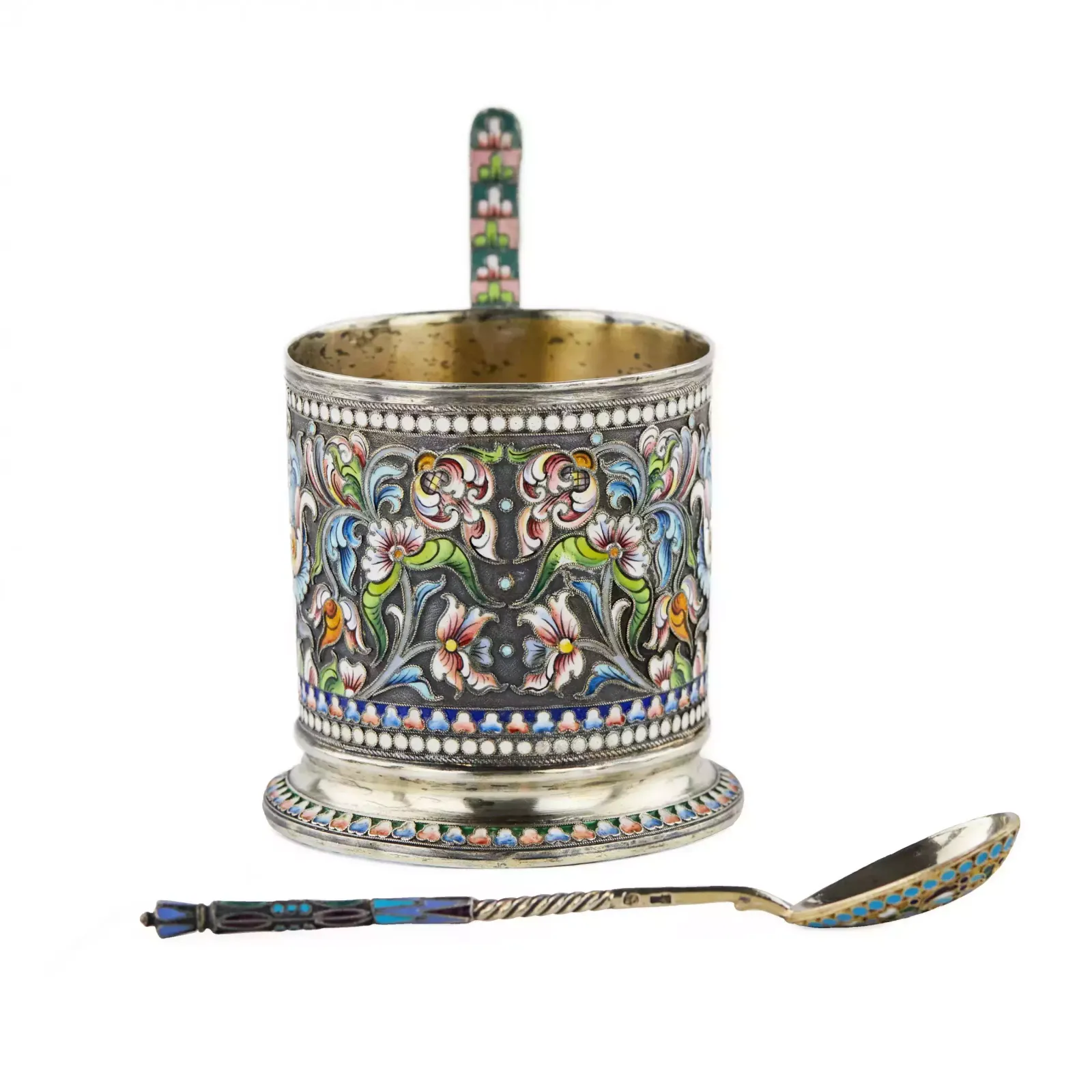 Silver Glass Holder With A Spoon Decorated With Cloisonne Enamel. Moscow 1908 1917. photo Home Decor