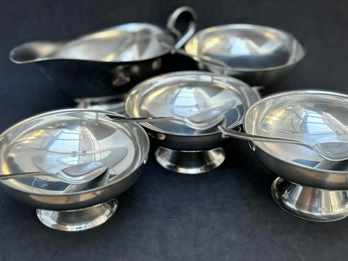 Ice Cream Set 4 Cups, Sauce Boat And 4 Spoons Vintage French Metal As New, Mom Gift Hostess Wedding Gift Cream Bowl Fruit Salad Footed photo for sale
