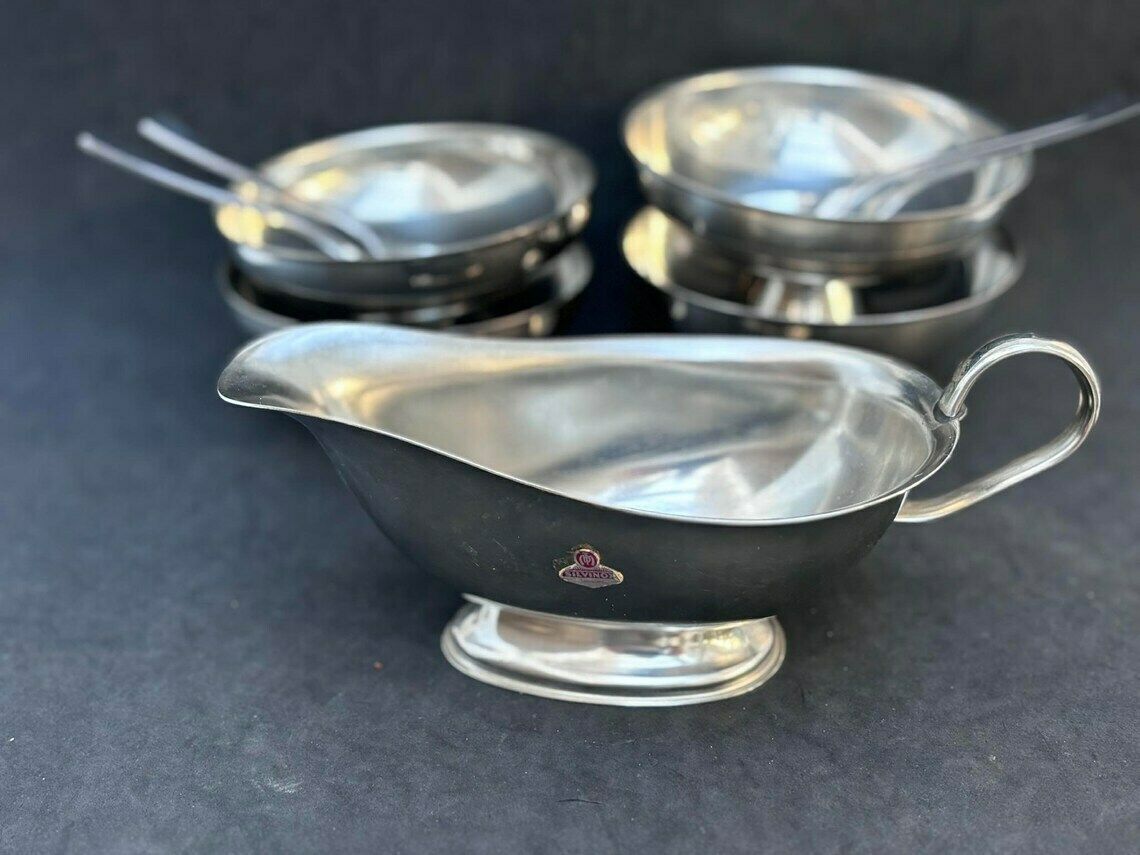 Ice Cream Set 4 Cups, Sauce Boat And 4 Spoons Vintage French Metal As New, Mom Gift Hostess Wedding Gift Cream Bowl Fruit Salad Footed photo buy