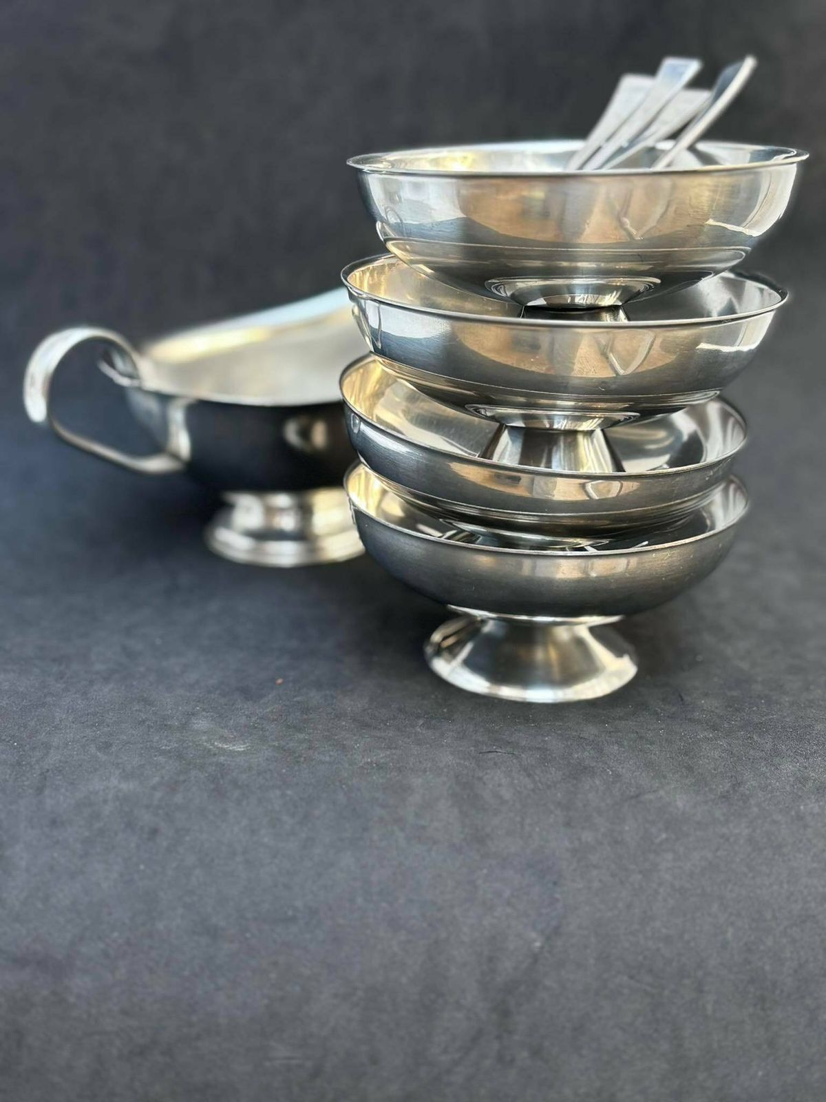 photo for sale Ice Cream Set 4 Cups, Sauce Boat And 4 Spoons Vintage French Metal As New, Mom Gift Hostess Wedding Gift Cream Bowl Fruit Salad Footed