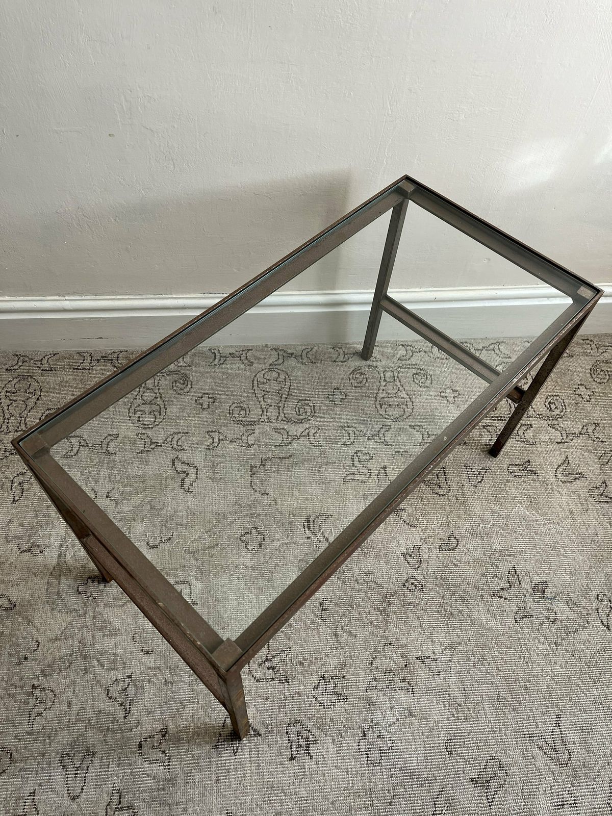 Vintage Industrial Steel Frame Coffee Or Side Table With A Minimalist Design And Glass Top photo vinterior