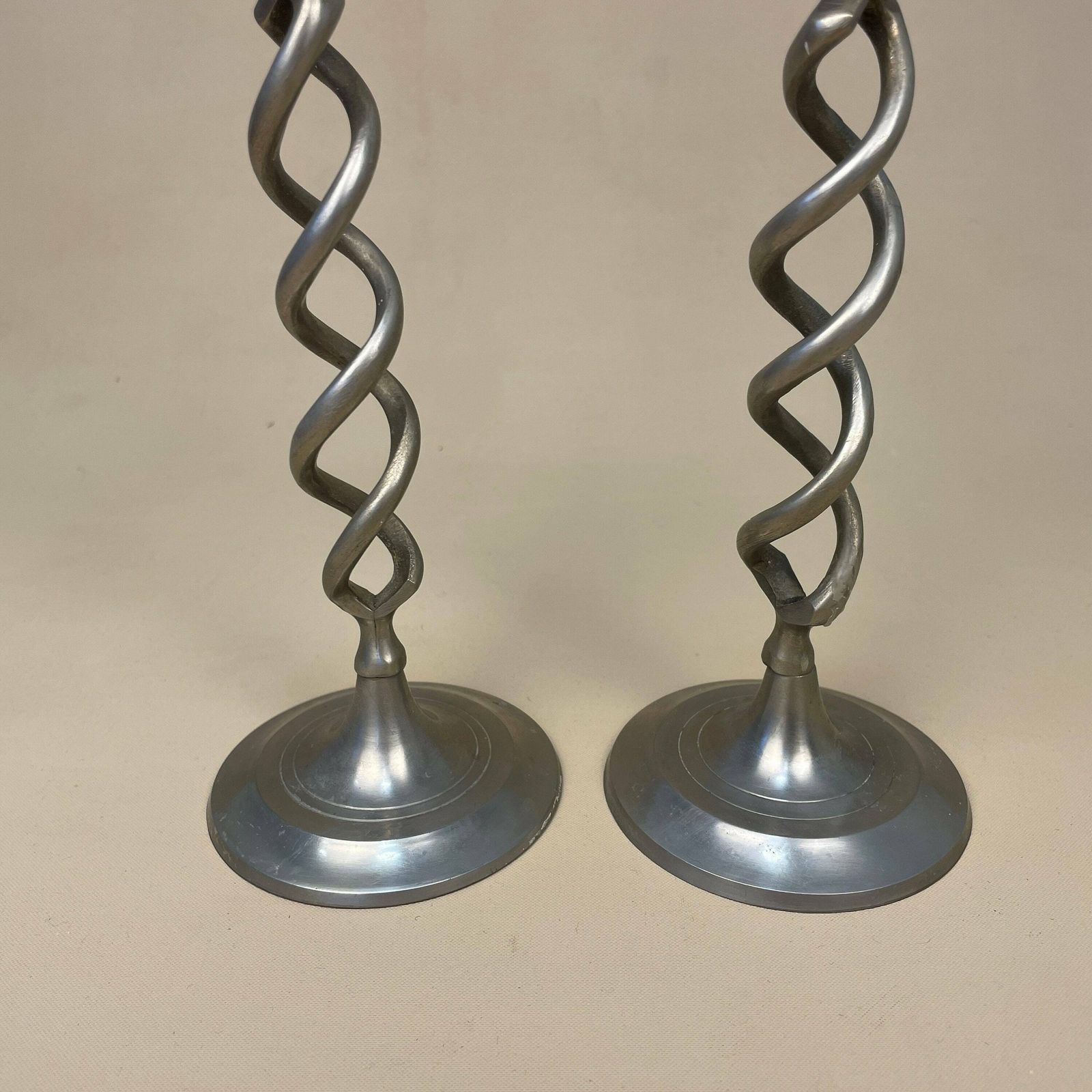 Antique Matching Pair Of Twisted Silver Metal Candlestick Candle Stick Vintage Column Taper Dinner Candlesticks Twist Set Round Aged photo Home Decor