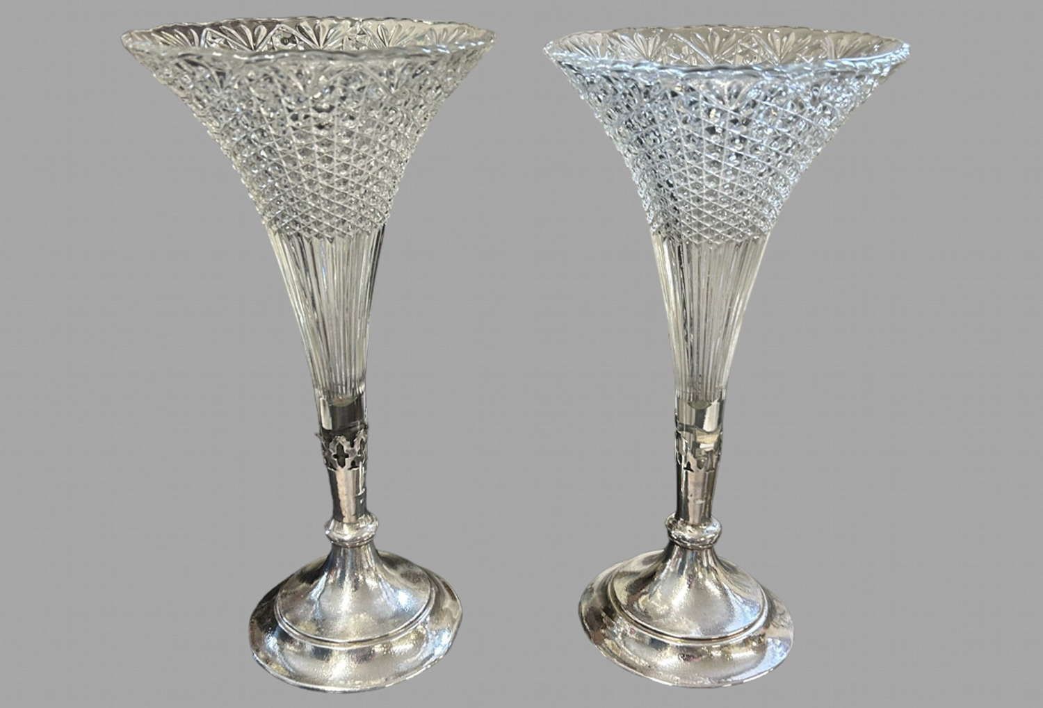 Pair Of Exceptional Antique Cut Crystal & Silver Plated Epergne Vases, C.1900
