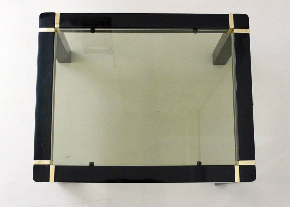 Small Vintage Coffee Table In Black Lacquered Wood And Gold Metal, Smoked Glass Top, 1970s photo vintage