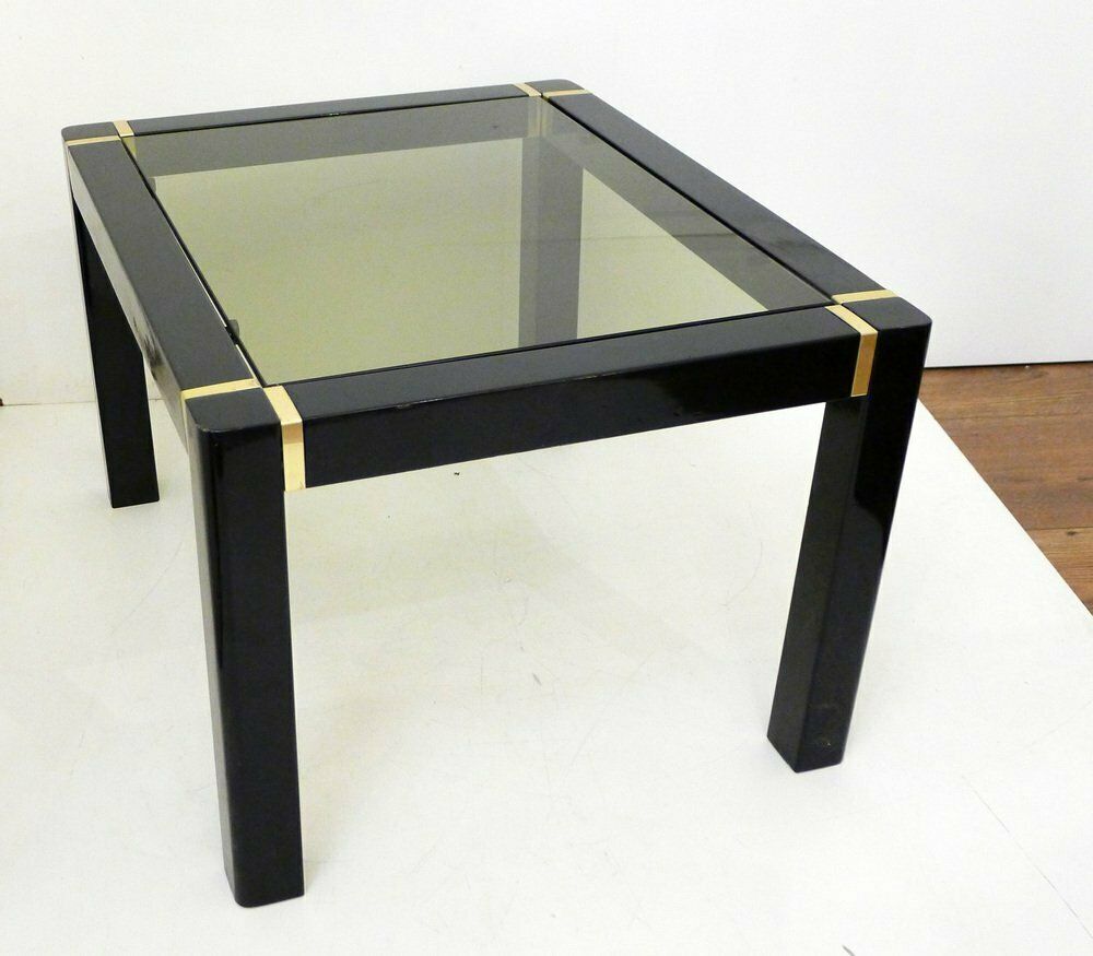 photo furniture Small Vintage Coffee Table In Black Lacquered Wood And Gold Metal, Smoked Glass Top, 1970s